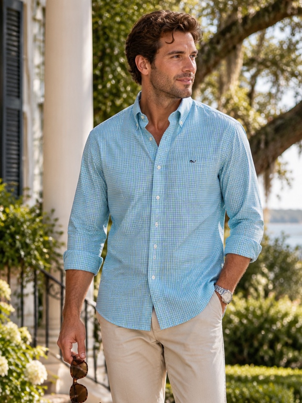 VINEYARD VINES Blue/Green Preppy Plaid Classic Fit Tucker Button Front Oxford, M
